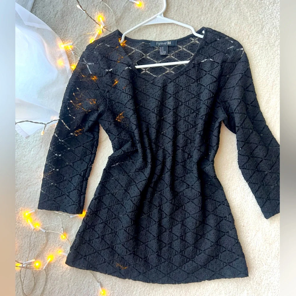 Forever 21 Black Lace See Through Mid Sleeves Women Top Blouse